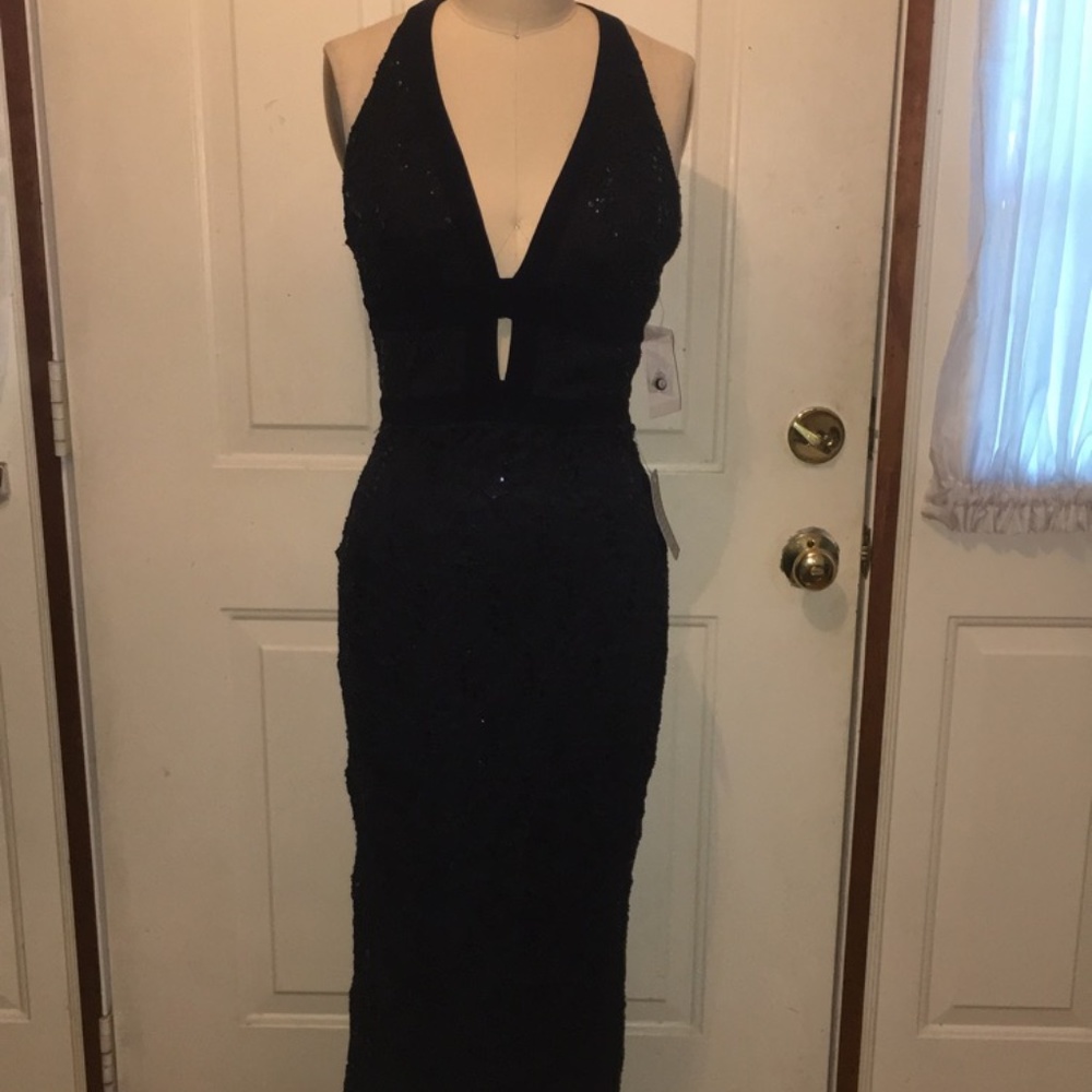 Navy Blue Lace Floor Length Prom/Bridesmaid Dress